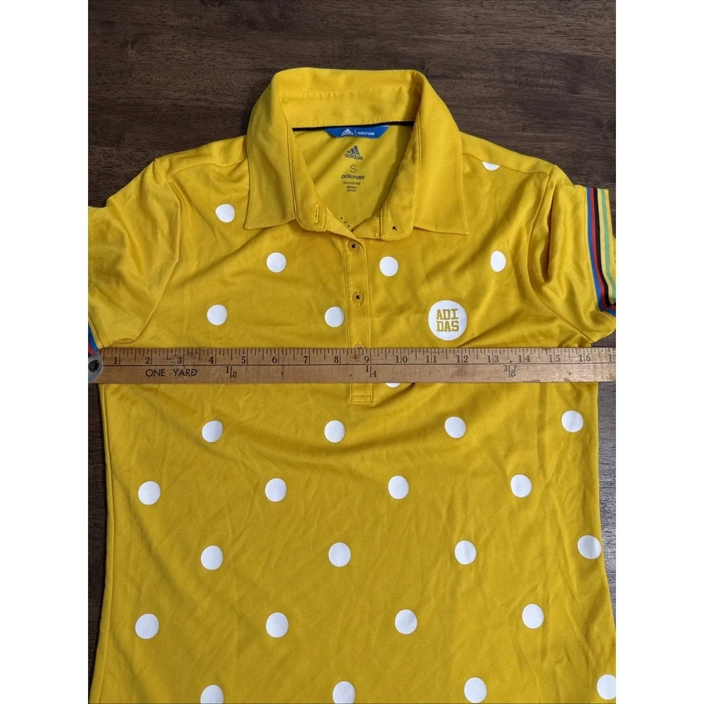 Adidas Golf Shirt Womens Yellow Polka Dot Rainbow Trim Polo CV8771 Rare Sz Small